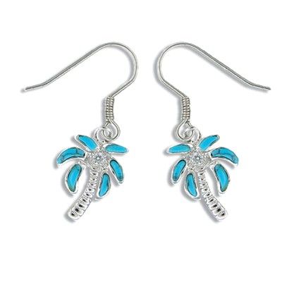 Sterling Silver Hawaiian Blue Turquoise Palm Tree Earrings