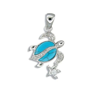 Sterling Silver Hawaiian Honu and Star Blue Turquoise Pendant with CZ