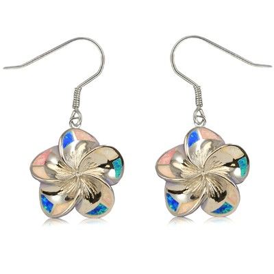Sterling Silver 20mm Hawaiian Plumeria with Rainbow Opal Earrings with Fish Wires
