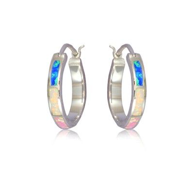 Sterling Silver Hawaiian Hoop with Rainbow Opal Post Earrings (L)