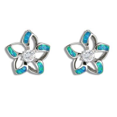 Sterling Silver Hawaiian Cut-in Blue Opal Fancy Plumeria Pierced Earrings with CZ