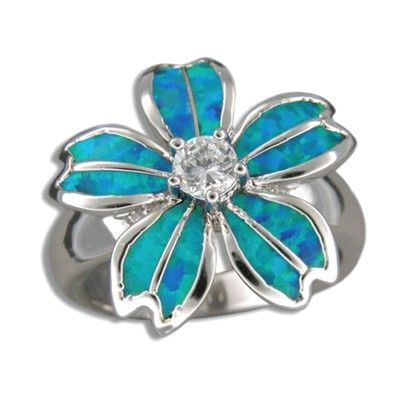 Sterling Silver Hawaiian Blue Opal Plumeria Ring with CZ