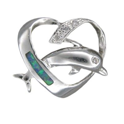 Sterling Silver Hawaiian Blue Opal Dolphin in Heart Pendant