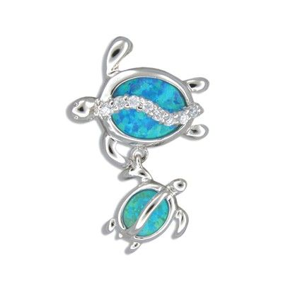 Sterling Silver Hawaiian Mother and Baby Honu Blue Opal Pendant