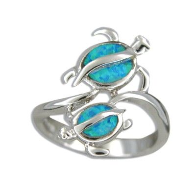 Sterling Silver Hawaiian Double Honu Blue Opal Ring