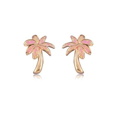 Sterling Silver Hawaiian Pink Opal Palm Tree Pierced Earrings