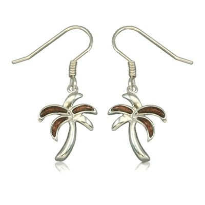 Sterling Silver Hawaiian Koa Wood Palm Tree Fish Wire Earrings 