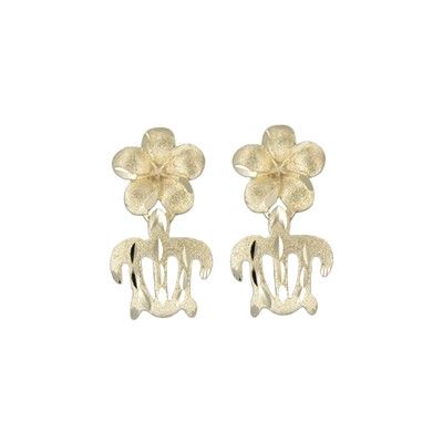 14kt Yellow Gold 8mm Hawaiian Plumeria and Cut-Out HONU Earrings