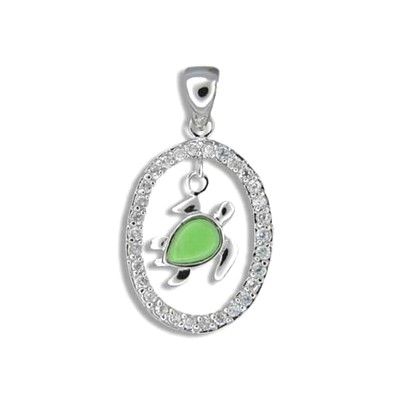 Sterling Silver Hawaiian Green Turquoise Honu in CZ Oval Shaped Pendant