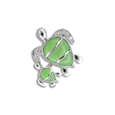 Sterling Silver Hawaiian Mother and Baby Honu Green Turquoise with CZ Pendant