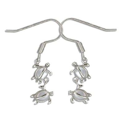 Sterling Silver Hawaiian Double Honu White MOP Fish Wire Earrings