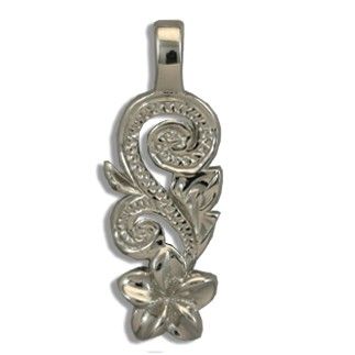 Fine Engraved Sterling Silver Hawaiian Plumeria and Scroll Pendant