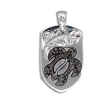 Fine Engraved Sterling Silver Ladies Black CZ Hawaiian HONU with Shield Shaped Pendant