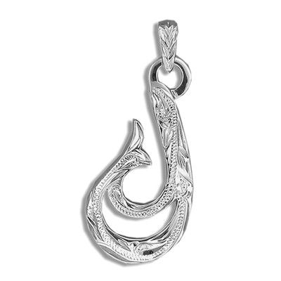 Hand Engraved Sterling Silver Men's Heavy Two Sided Hawaiian Fish Hook Pendant