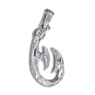 Fine Engraved Sterling Silver Female's Hawaiian Fish Hook with Two Barbs Pendant