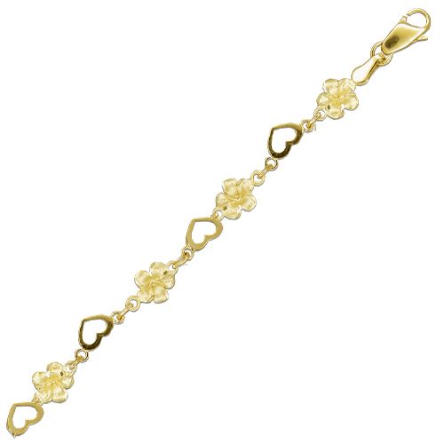 14KT Yellow Gold Plumeria and Heart Bracelet
