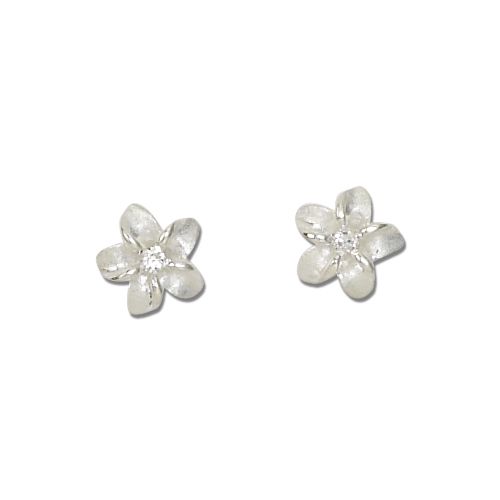 Sterling Silver 10MM White Sand Plumeria with Clear CZ Earrings