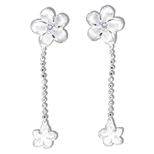 Sterling Silver Plumeria with Clear CZ Dangling Earrings 