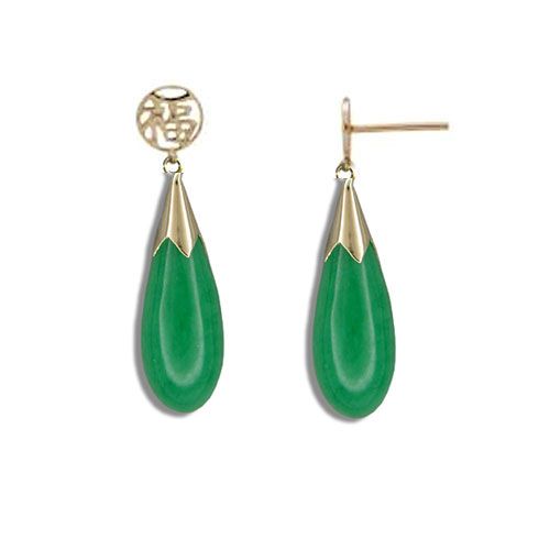 14KT Yellow Gold Chinese Good Fortune Teardrop Shaped Green Jade Earrings
