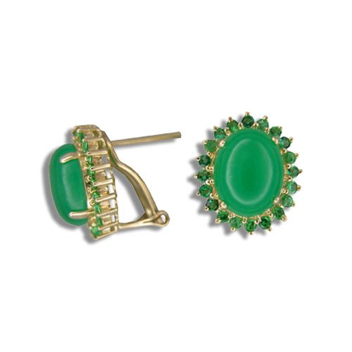 14KT Yellow Gold Oval Shaped Green Jade with Green Emerald  CZ French Clip Earrings