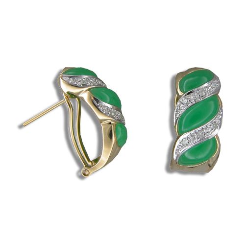 14KT Yellow Gold Marshmallow Shaped Green Jade with Diamond Post Earrings