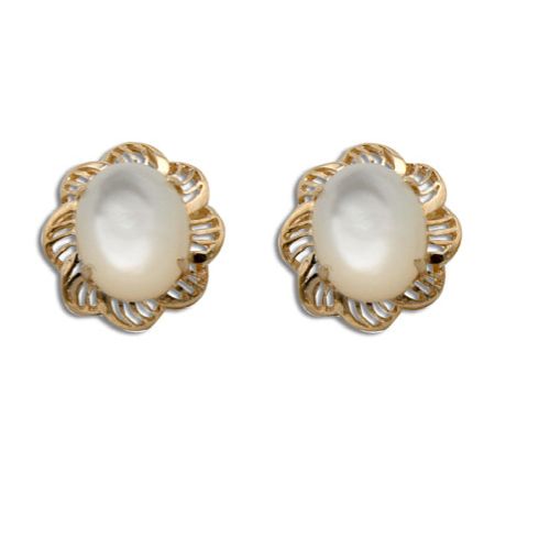 14KT Yellow Gold Cut-Out Flower Design with Oval Shaped MOP (Mother of Pearl Shell) Earrings