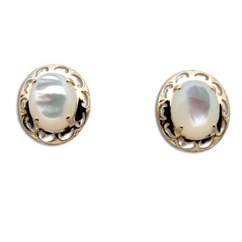 14KT Yellow Gold Cut-In Wave Design with Oval Shaped MOP (Mother of Pearl Shell) Earrings