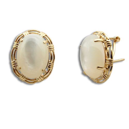 14KT Gold Cut-In Rope Design with Oval Shaped MOP (Mother of Pearl Shell) French Clip Earrings