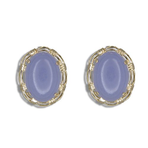 14KT Gold Cut-In Rope Design with Oval Shaped Purple Jade French Clip Earrings 