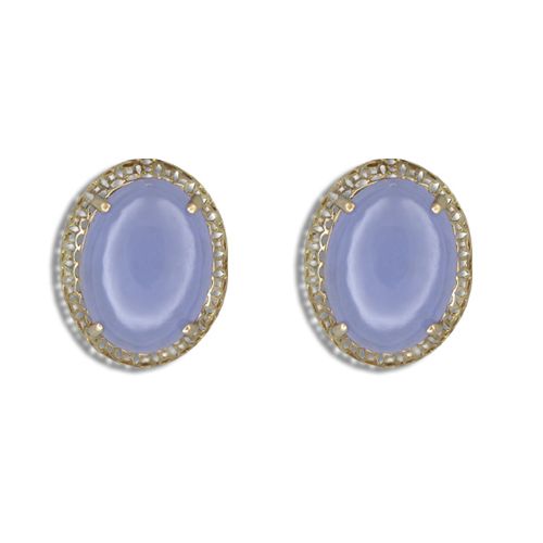 14KT Yellow Gold Cut-In Chinese Pattern Design with Oval Shaped Purple Jade Earrings 