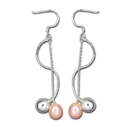 Sterling Silver Wave Design with Long Chain Peach Fresh Water Pearl Drop Fish Wire Earrings 