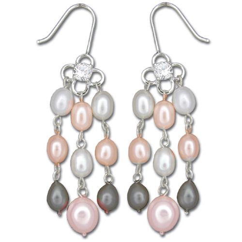 Sterling Silver Four-Petal Flower with CZ and Three Strand Mixed-Color Fresh Water Pearl Fish Wire Earrings 