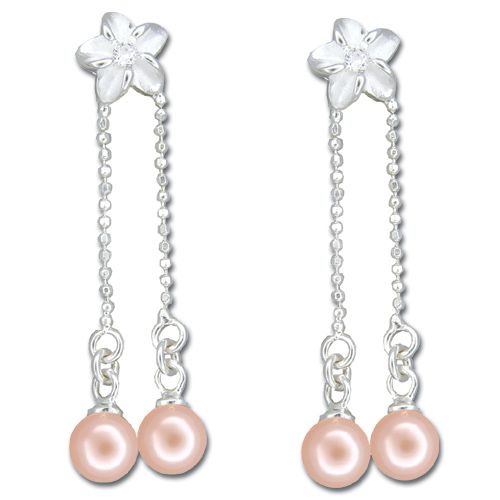 Sterling Silver Plumeria with Dangling Pink Fresh Water Pearl Earrings