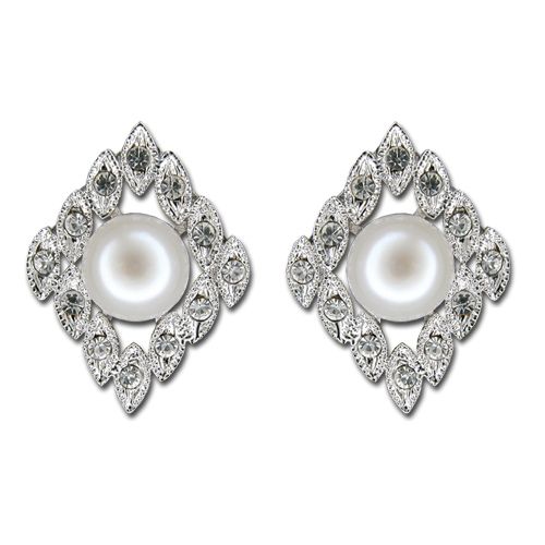 Sterling Silver Marquise Shaped with Clear CZ and White Fresh Water Pearl Post Earrings