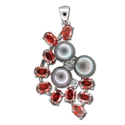 Sterling Silver Shell Shaped Clear and Garnet Red CZ with Fresh Water Pearl Pendant 