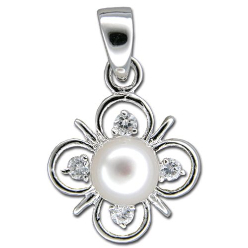 Sterling Silver Fresh Water Pearl on 4 Petals Flower with CZ Pendant