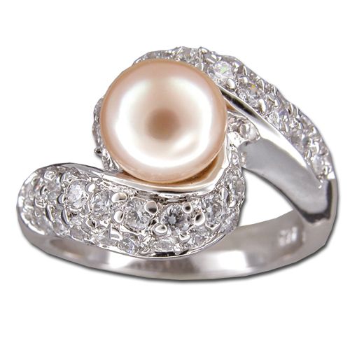 Sterling Silver Double Scroll with Clear CZ and Fresh Water Pearl Ring