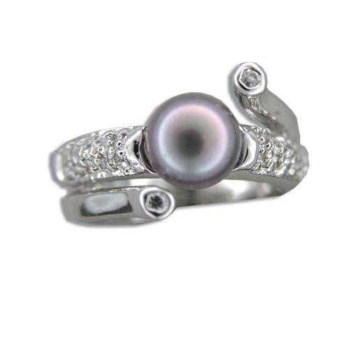 Sterling Silver Fancy Channel Set Clear CZ with Black Fresh Water Pearl Ring
