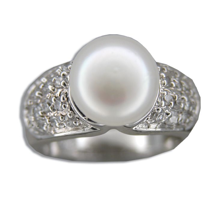 Sterling Silver Channel Set Clear CZ with White Fresh Water Pearl Ring 