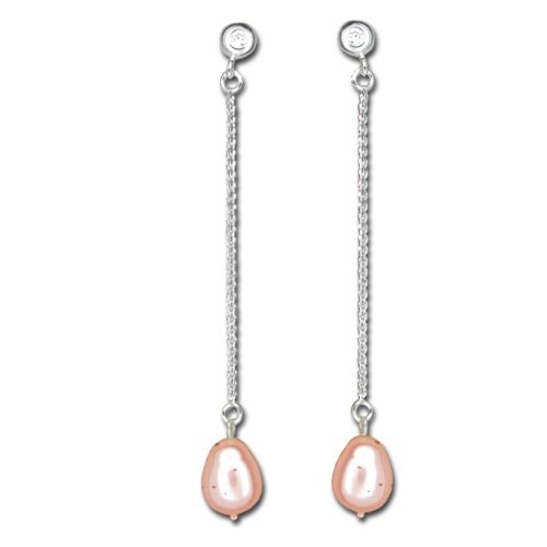 Sterling Silver Long Chain Peach Fresh Water Pearl Drop Post Earrings 