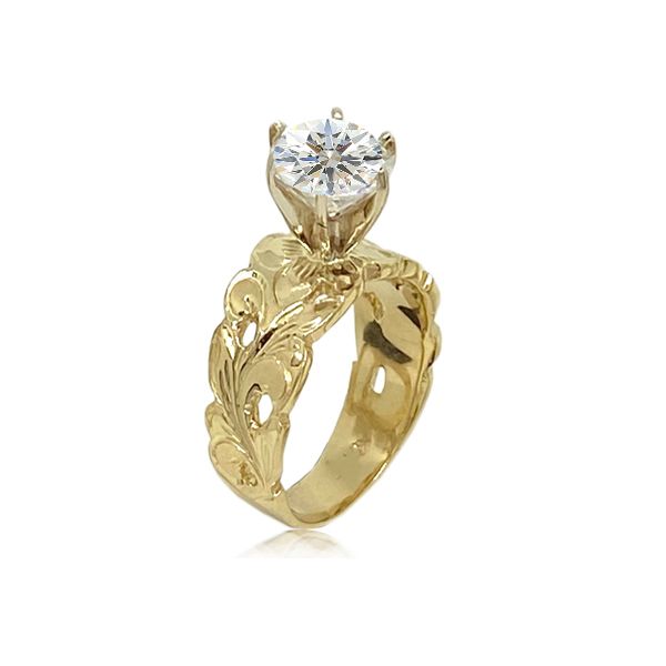 14KT Gold Hawaiian Cut-out Scroll Tapered Ring with IGI Certified Lab Growth Diamond