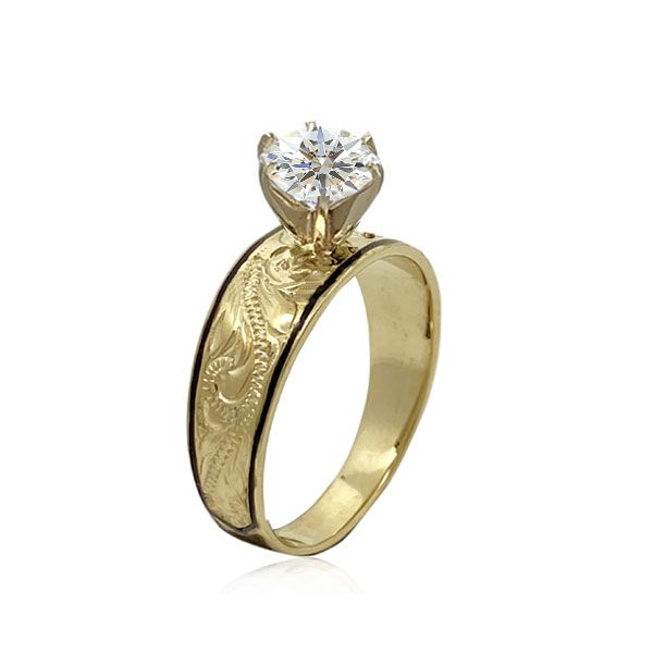 14KT Gold Hawaiian Scroll Black Border Tapered Ring with IGI Certified Lab Growth Diamond