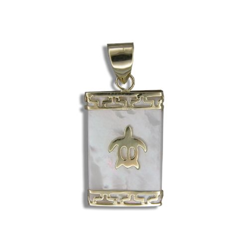 14KT Yellow Gold Hawaiian Honu on Rectangle MOP (Mother of Pearl Shell) Pendant 