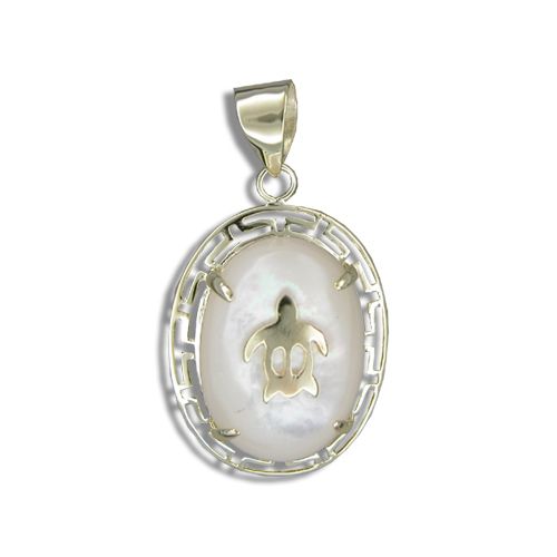 14KT Yellow Gold Hawaiian Honu on Oval Shaped MOP (Mother of Pearl Shell) Pendant 