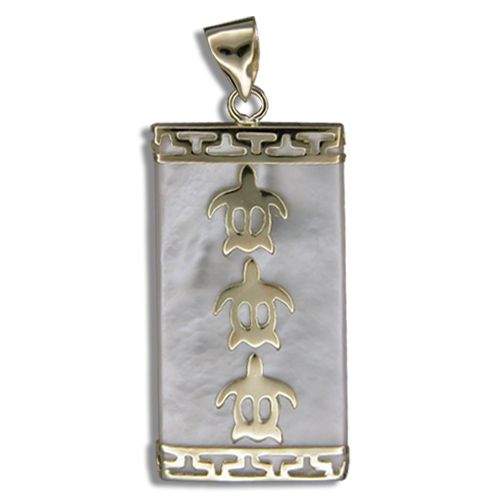 14KT Yellow Gold Hawaiian Honu with Rectangle Shaped MOP (Mother of Pearl Shell) Pendant (L)