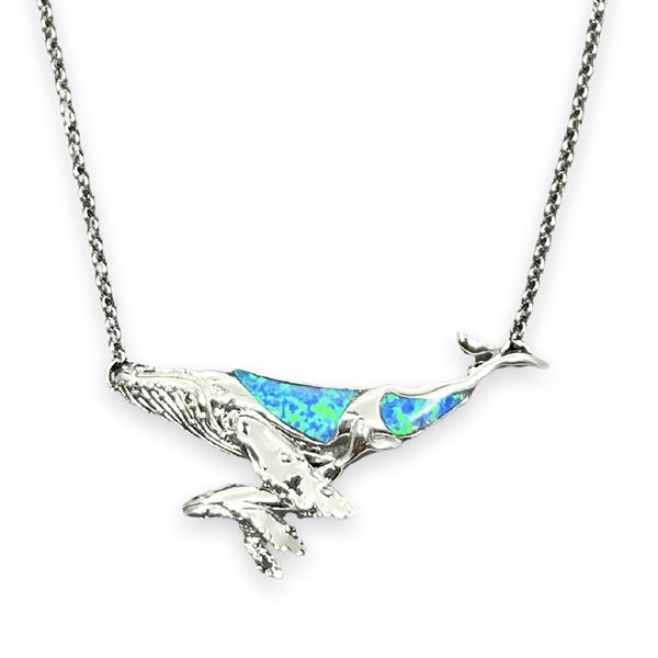 Sterling Silver Mother and Baby Blue Opal Whale Necklace
