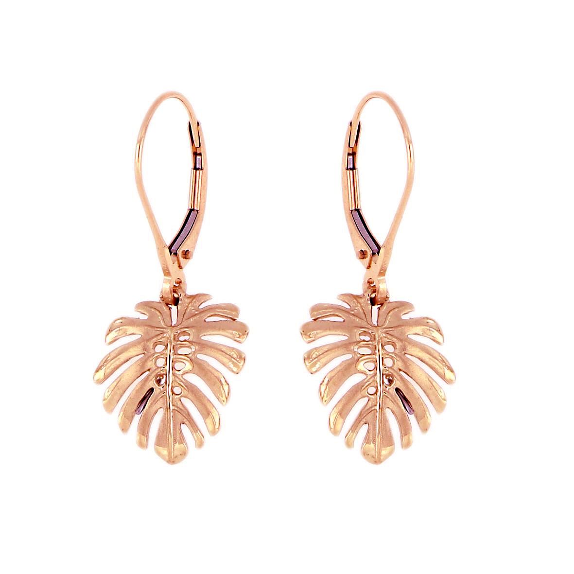14KT Rose Gold Hawaiian Monstera Leaf Earrings with Lever Back (M)