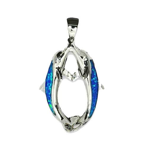 Sterling Silver Blue Opal Hawaiian Kissing Dolphin Pendant