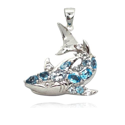 Sterling Silver Mixed Shades Blue Topaz Shark Pendant