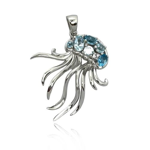 Sterling Silver Mixed Shades Blue Topaz Jellyfish Pendant